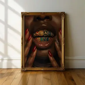 Grillz Art Print, Black Woman Urban Poster, Red Leopard Nails Afrocentric Art