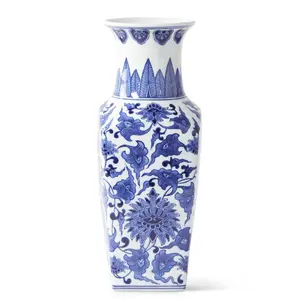 14 Inch Blue And White Ceramic Chinoiserie Square Vase