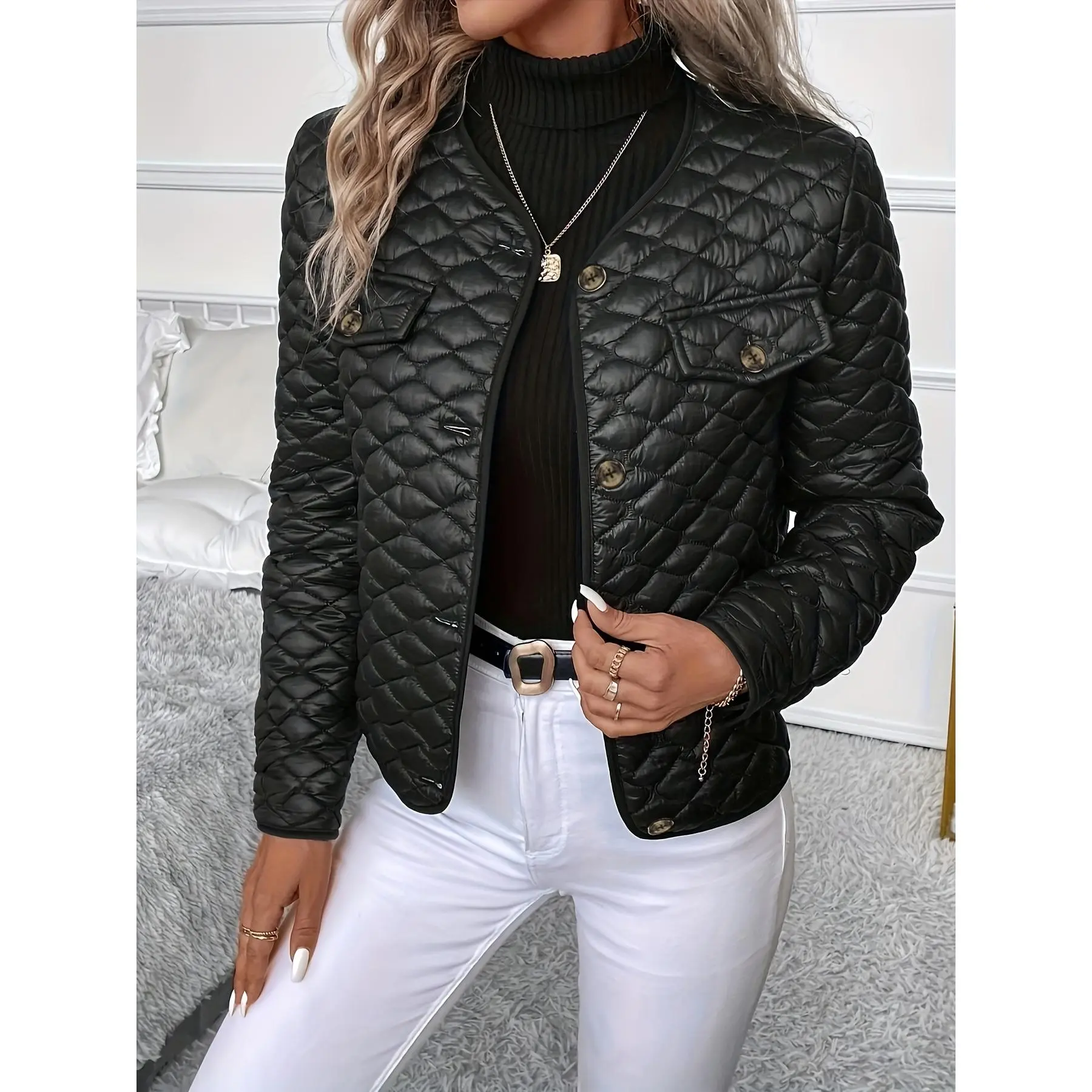 Women's Casual Quilted Puffer Jacket - Lightweight V-Neck Lapel Coat with Pockets, Full Sleeve Solid Polyester Outerwear for Fall and Winter, Comfortable, Long Sleeve, Elegant