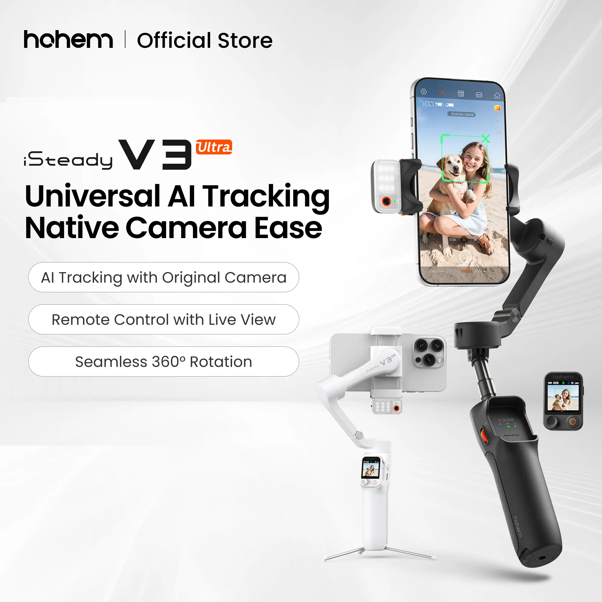 hohem iSteady V3 Ultra Gimbal,Detachable Touchscreen Remote,Advanced AI Tracking with any App,360° Infinite Pan Tracking,Select People&Obeject on Touchscreen to Track,3-Color Fill Light,3-Axis Stabilization