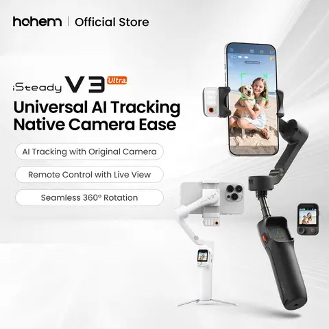 hohem iSteady V3 Ultra Gimbal,Detachable Touchscreen Remote,Advanced AI Tracking with any App,360° Infinite Pan Tracking,Select People&Obeject on Touchscreen to Track,3-Color Fill Light,3-Axis Stabilization