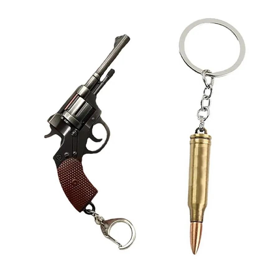 2pcs Set Revolver and Bullet Model Keychain Zinc Alloy Pistol Cosplay Accessories