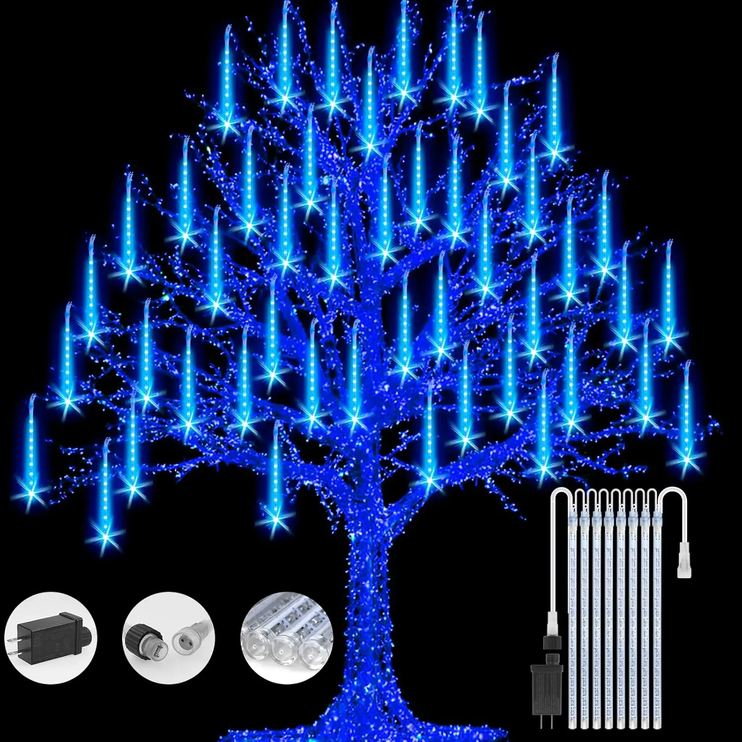Icicle Lights Snowfall Meteor Shower Rain Light Christmas LED Decoration Falling Drop String Light 8 Tubes 288 LEDs(Blue, 30cm), 1 Pack