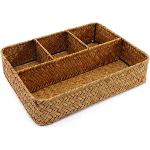 P-SBB015   Wicker Baskets 4-Section Tea Bag/Sugar Packet Holder, Seagrass Woven Compartment Organizer, Storage Rattan Divided Basket for Home, Office-Desk Baskets for Shelves,Pantry,Coffee Bar,Countertops,Closet Decor Nature
