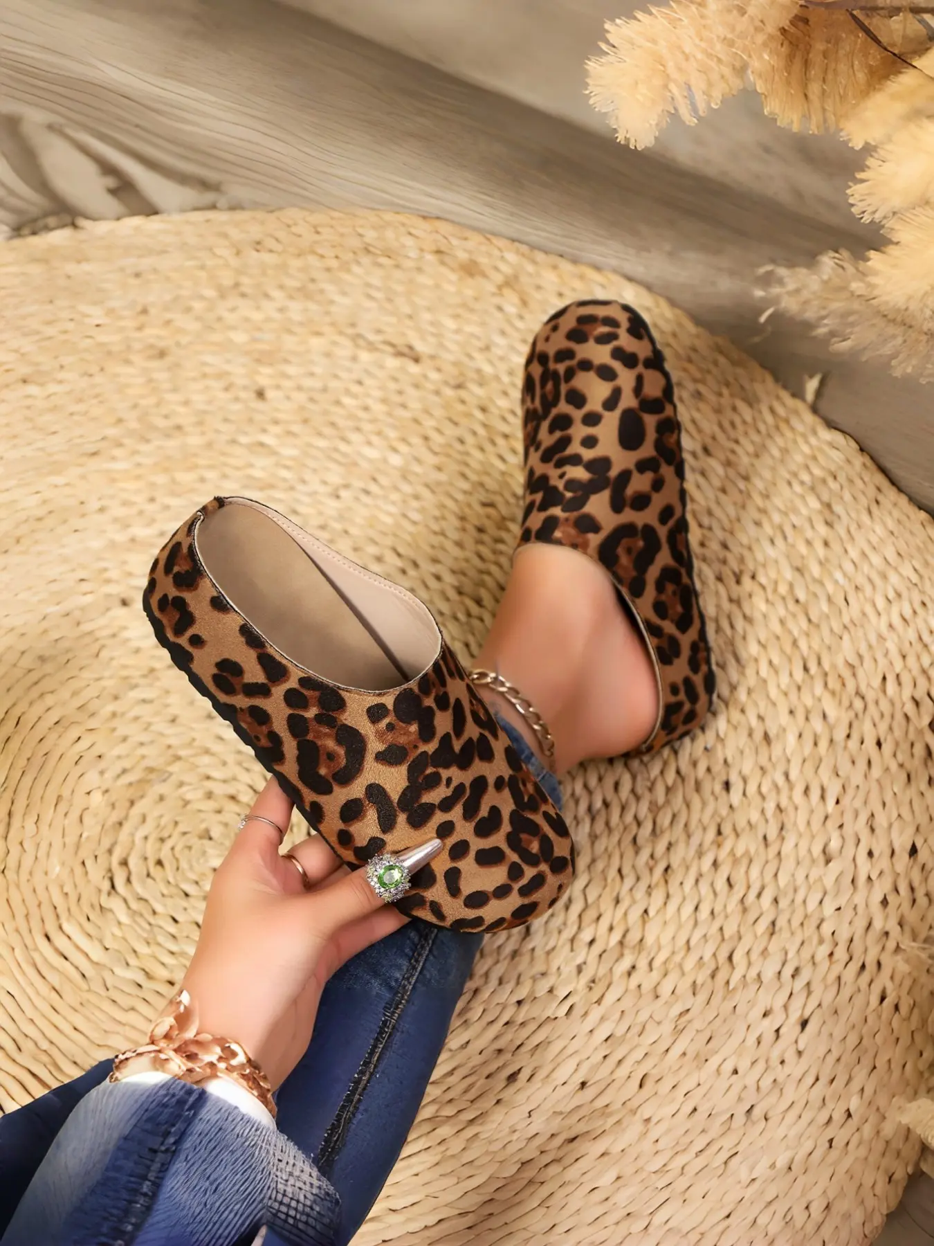 Women's Leopard Print Slip-On Mules, Vintage Classic Low-Top PU & Rubber Shoes, Comfortable Half-Slip on Lazy Shoe Design Footwear, Rubber Slip Ons, Slip On Style