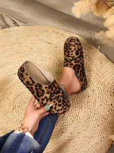 Women's Leopard Print Slip-On Mules, Vintage Low-Top PU & Rubber Shoes, Comfortable Half-Slip on Lazy Shoe Design