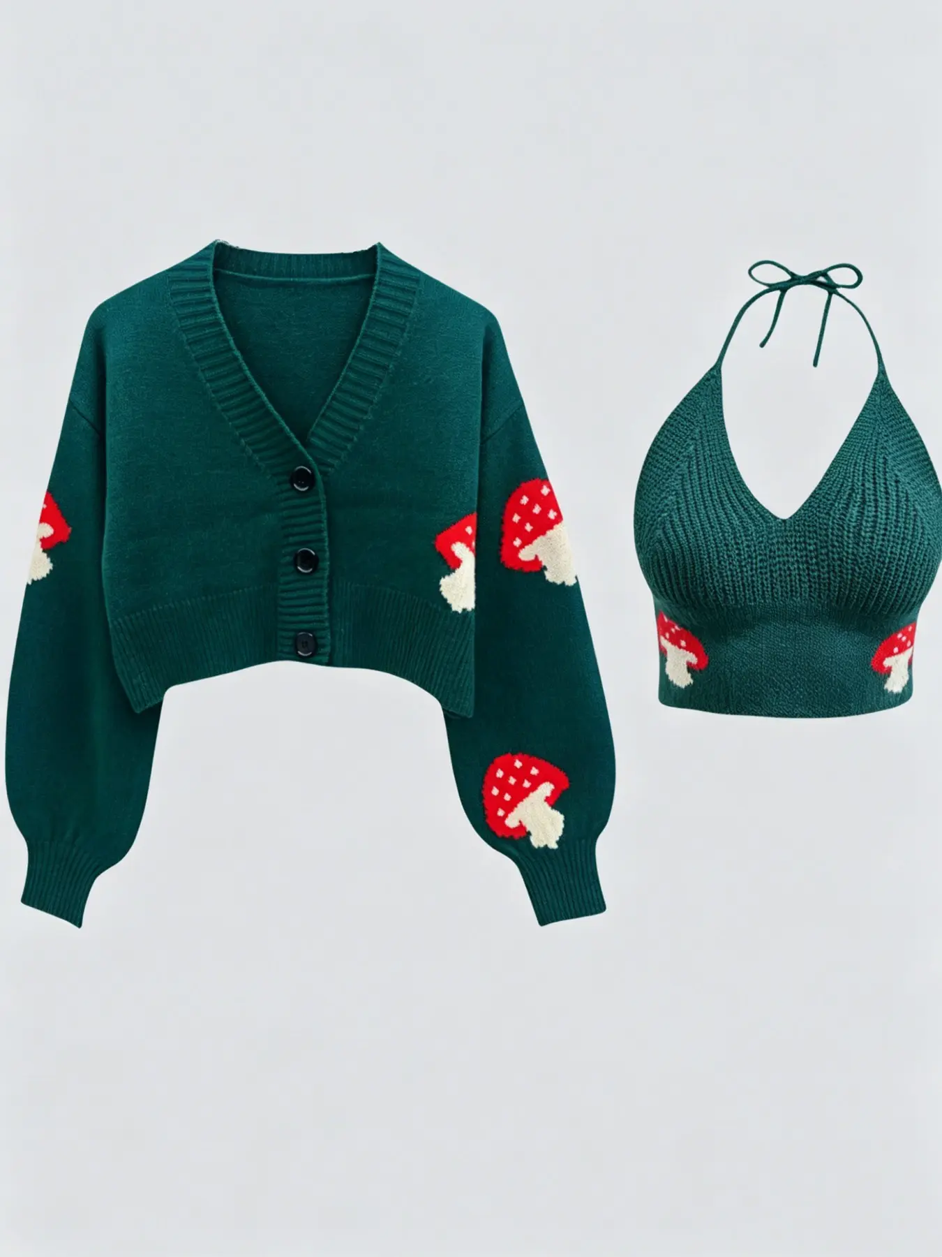 Women's V Neck Short Cropped Knit Cardigan Set, Casual Fashion Knitwear, Cropped Cardigan Sweaters, Halter, Cute Preppy Chic Casual Style, Mushroom Pattern, Slim-Fitting, Comfortable Daily Wear, All Seasons, Tops