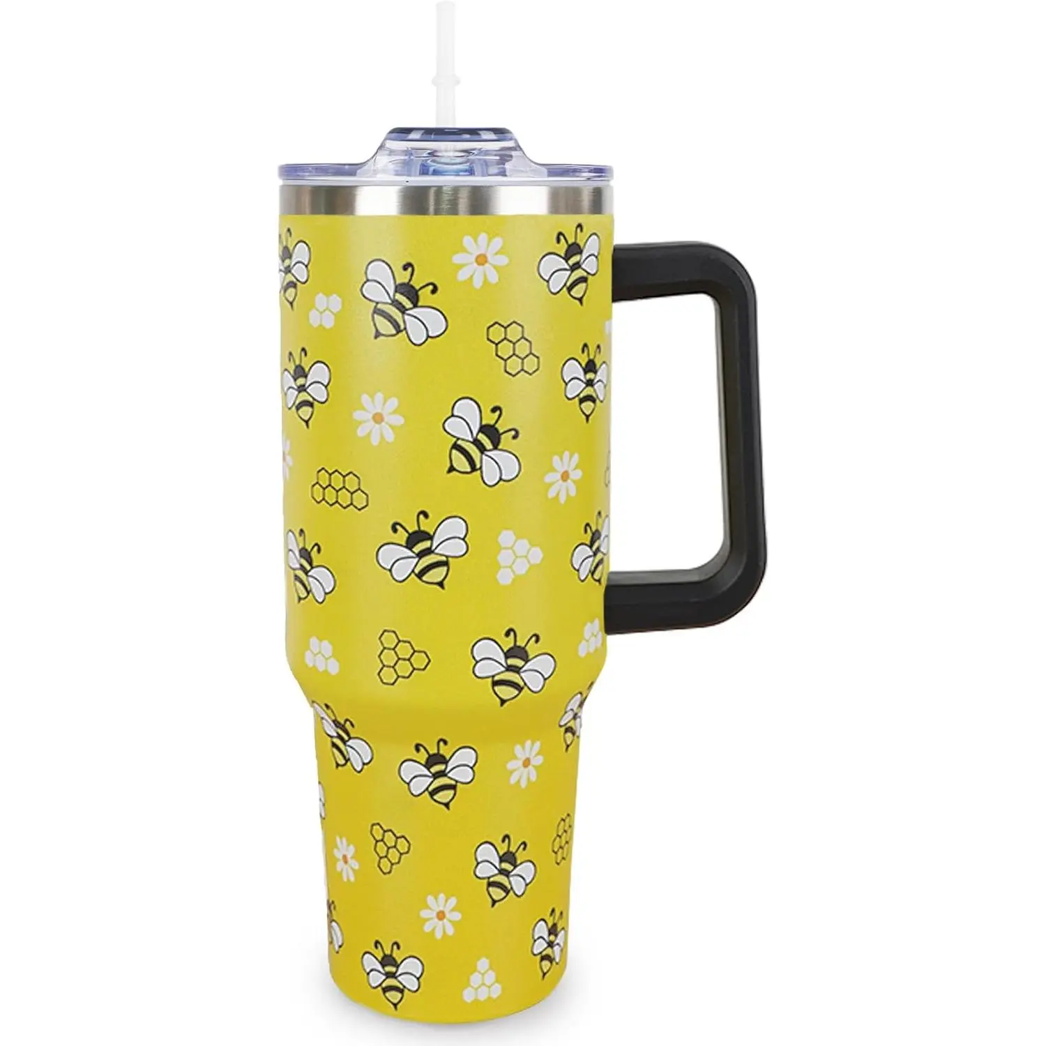 40 Oz Stainless Steel Double-Wall Insulated Bee Beverage Tumbler - Portable Plastic Lid, Handle, Straw Included, Yellow Kitchen Drinkware for Indoor Coffee & Travel Use, Gift for Bee Lovers (Christmas, Birthday), 40 Oz Tumbler