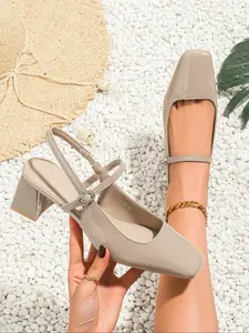 French Style Square Toe Chunky Heels for Women, Casual Slip On Backless Shoes, High Heel Wedge Design for Commuting