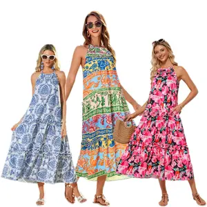 【Runs Large | Size Down】GRACE KARIN Women's Maxi Boho Dress Casual Summer Loose Long Floral Sundresses Flowy Halter Tiered Beach Vacation Outfits