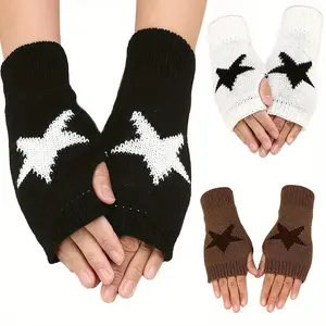 Women's Star Pattern Fingerless Thumb Hole Knitted Wrist Length Mitten Gloves