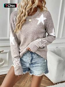 womenswear star print drop shoulder sweater, regular fit casual comfort longsleeves jumper for fall & winter, modern aesthetic clothes, fashion ladies' knitwear for daily wear, sweaters for women, high stretch fabric for comfortable wear, vintage clothing