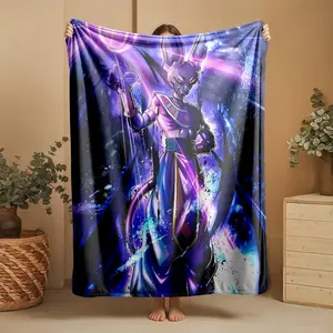 1 piece Dragon Ball Super Beerus God of Destruction Flash Impact themed flannel blanket - Super soft flannel blanket, suitable for beds and sofas, all-season use, modern design, digitally printed pattern, 100% polyester material, machine washable