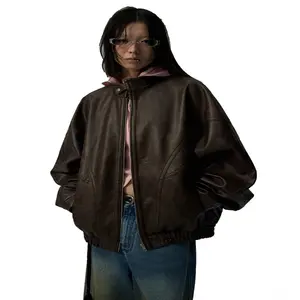 TRNDY LAB 2026 Autumn Cool Handsome Distressed Brown Oversized Pu Leather Jacket Women Zippper Stand Collar American Retro Clothing