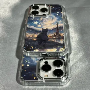 The phone case is suitable for iPhone 17 Air Pro Max, iPhone 16, 15, 14, 13, 12, Air Plus, Pro Max series. It features a transparent electroplated lens frame with a starry night cat design, has anti-slip and shock-absorbing functions