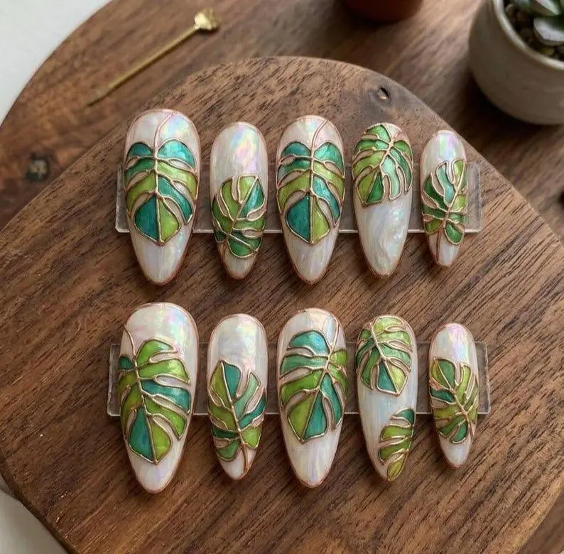 3D Monstera Stained Glass Press On Nails, Rose Gold Leaf Art, Tropical  Almond Manicure - TikTok Shop