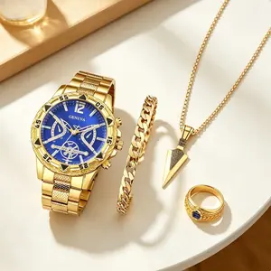Hip-Hop Style Gold Watch Set | Rugged Chrono + Spear Necklace for Him