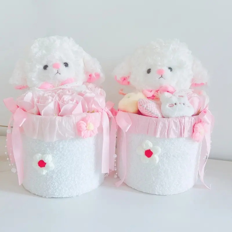 Sheep Plush Hug Bucket Preserved Pink Rose LED Lights Gift Bag | Cute Gift For Girlfriend Bestie，gift for teen girls, sheep doll flower bucket, light up forever flower, valentine gift for her, graduation gift for best friend, cute sentimental floral gift,