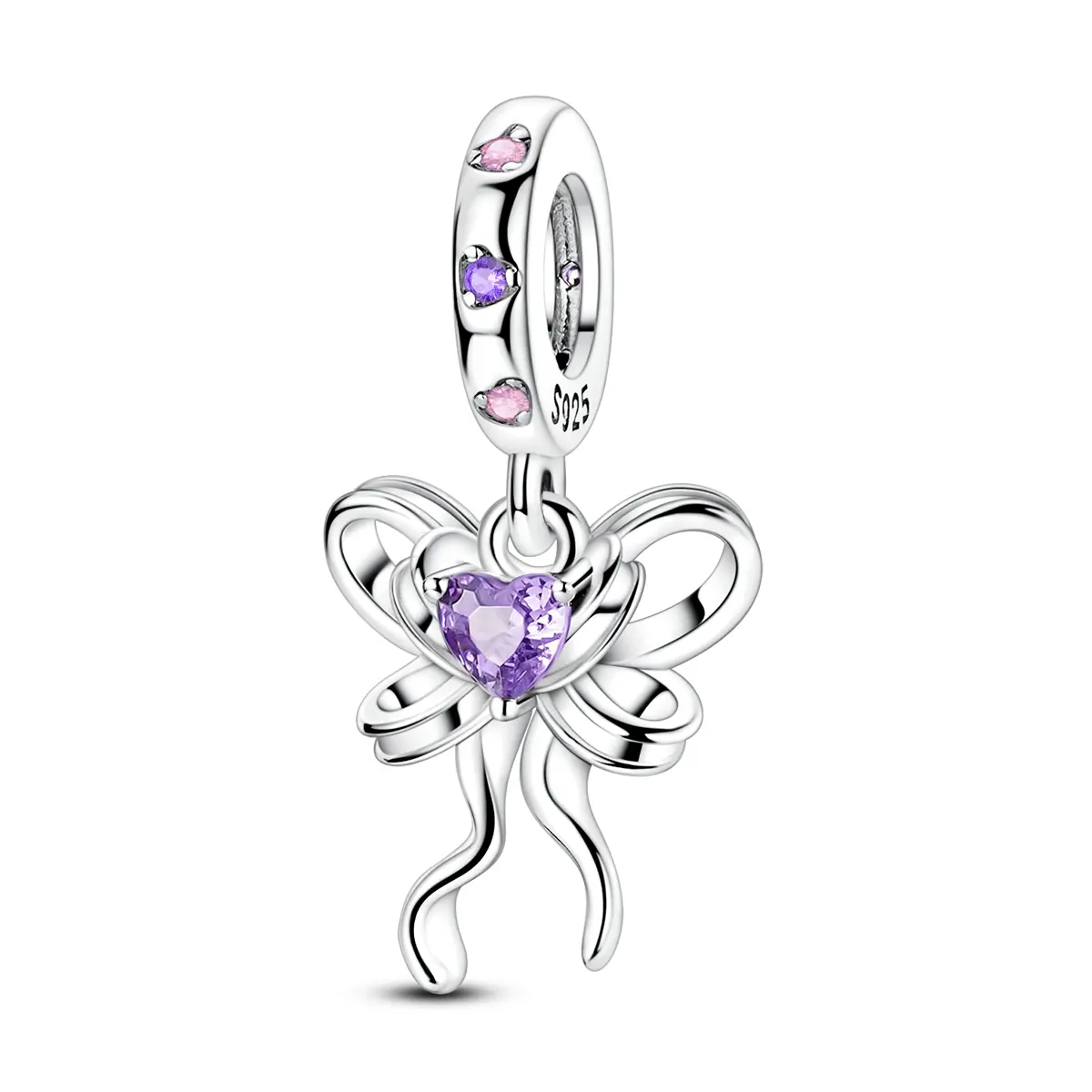 MULA 3D Bow Ribbon Pendant, 925 Silver-plated, with Purple Heart-Shaped Cubic Zirconia - Elegant Gift for Women and Girls, Compatible with Pandora Bracelets and Necklaces