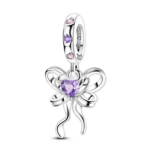 MULA 3D Bow Ribbon Pendant, 925 Silver-plated, with Purple Heart-Shaped Cubic Zirconia - Elegant Gift for Women and Girls, Compatible with Pandora Bracelets and Necklaces