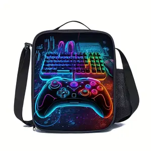 Insulated lunch bag with gaming keyboard and controller design - Neon vibrant pattern, durable polyester tote bag, suitable for work, travel, and picnics - Non-food contact, cute lunch bag, travel food storage, bright pattern, safe food storage