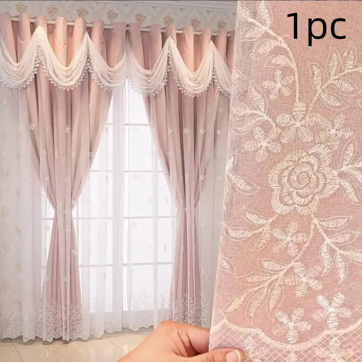 European Embroidered Wave Texture Curtain Headboard Decor, Vintage Double Layer Light Blocking Drapes Window Curtain, Living Room Bedroom Home Decoration