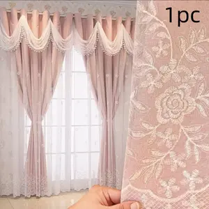 European Embroidered Wave Texture Curtain Headboard Decor, Vintage Double Layer Light Blocking Drapes Window Curtain, Living Room Bedroom Home Decoration