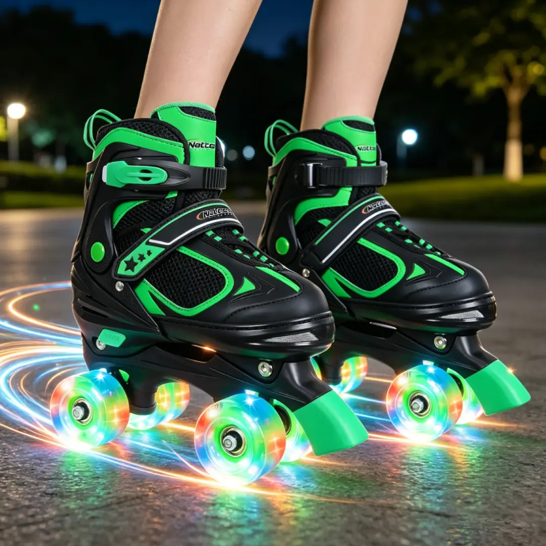All Light up Wheels Roller Skates for Boys Girls Kids Beginners, 4 Sizes Adjustable Quad Skates for Ages 4-12+, Birthday Gift for Indoor Outdoor Sports, Full Protection, Green - Nattork