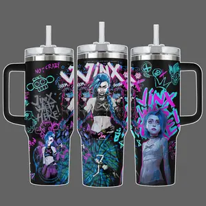 Jinx Arcane League of Legends Graffiti Punk Style Anime Stainless Steel Insulated Tumbler With Handle & Straw Lid 20oz 40oz Full Wrap Neon Street Art Design