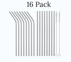 16 Pack of Reusable 8 Straight + 8 Bent 8.5 inch Metal Straws with 2 Cleaning Brushes Stainless Steel Metal Straws, , Straw Compatible with 20oz Stanley Cup