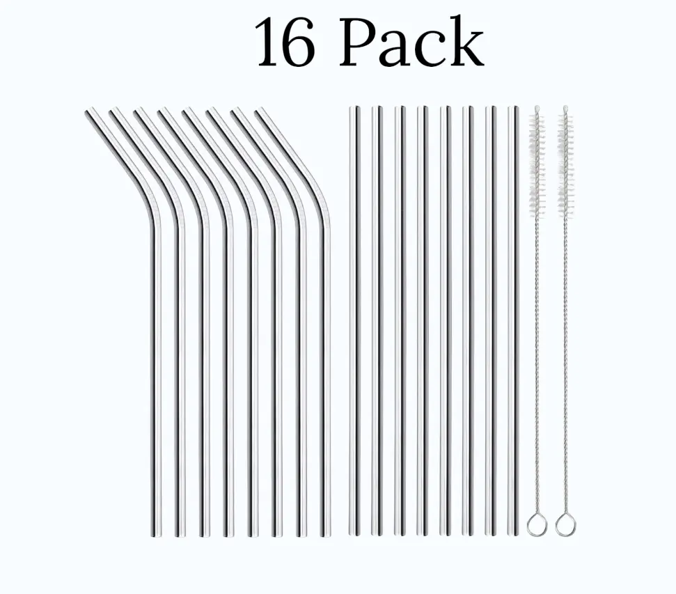16 Pack of Reusable 8 Straight + 8 Bent 8.5 inch Metal Straws with 2 Cleaning Brushes Stainless Steel Metal Straws, , Straw Compatible with 20oz Stanley Cup