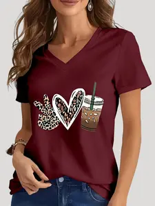 Women's Starbucks Coffee & Leopard Print V-Neck Tee, Casual Starbucks Coffee Graphic Short Sleeve T-Shirt for Summer, Ladies Clothes for Daily Wear, Top