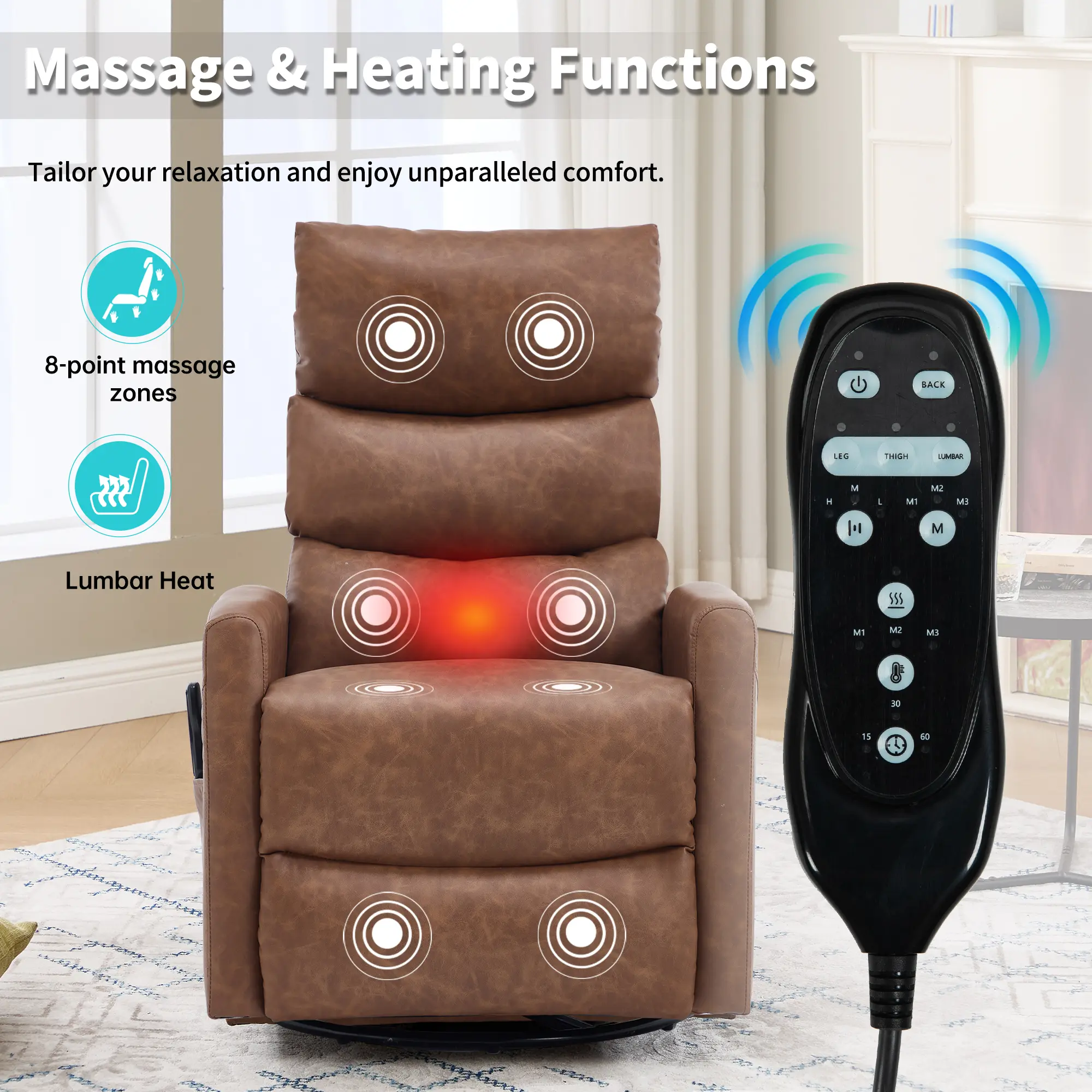 Swivel Rocker Recliner，Manual Handle Recliner with Massage & Lumbar Heating, 360° Swivel, 155° Recline, No‑Tool Assembly for Living Room（Yellow‑Brown）
