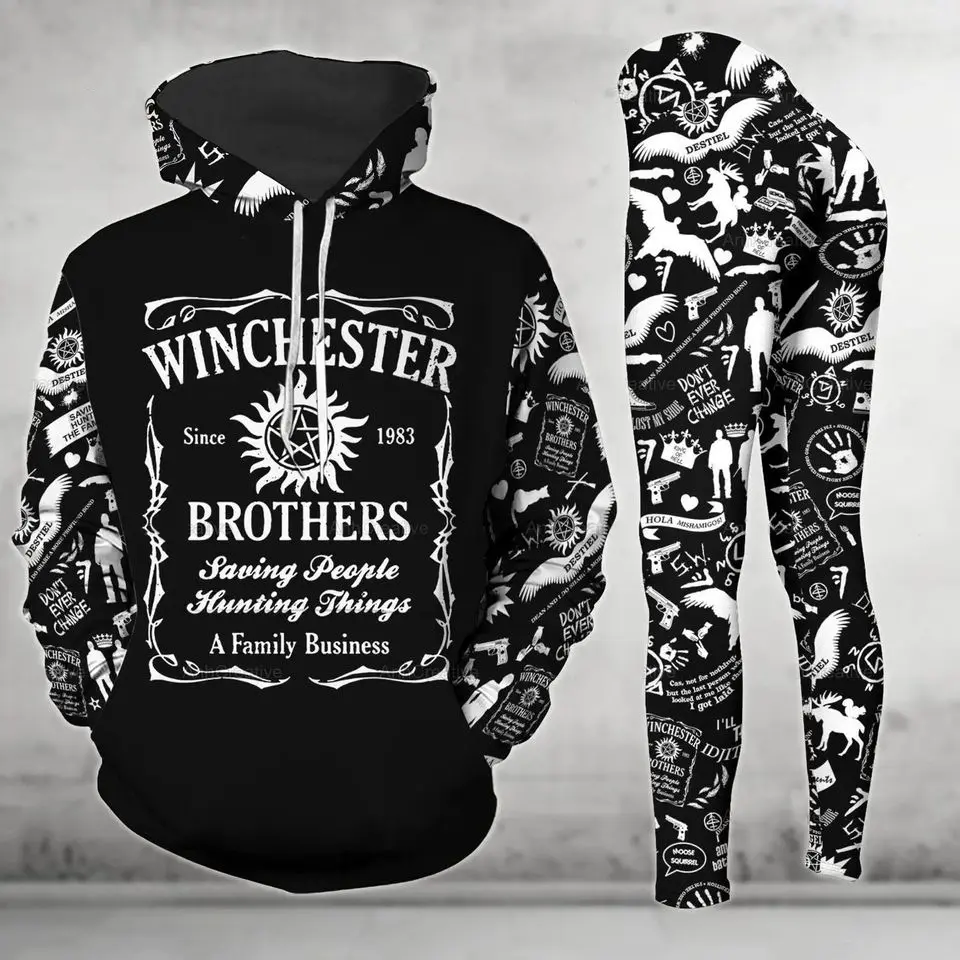 Supernatural 20th Anniversary Hoodie & Leggings Set – Tribute Design Featuring Sam Winchester, Dean Winchester & Castiel, Winchester Brothers Inspired Fan Apparel, Unisex Matching Lounge & Street Style Outfit