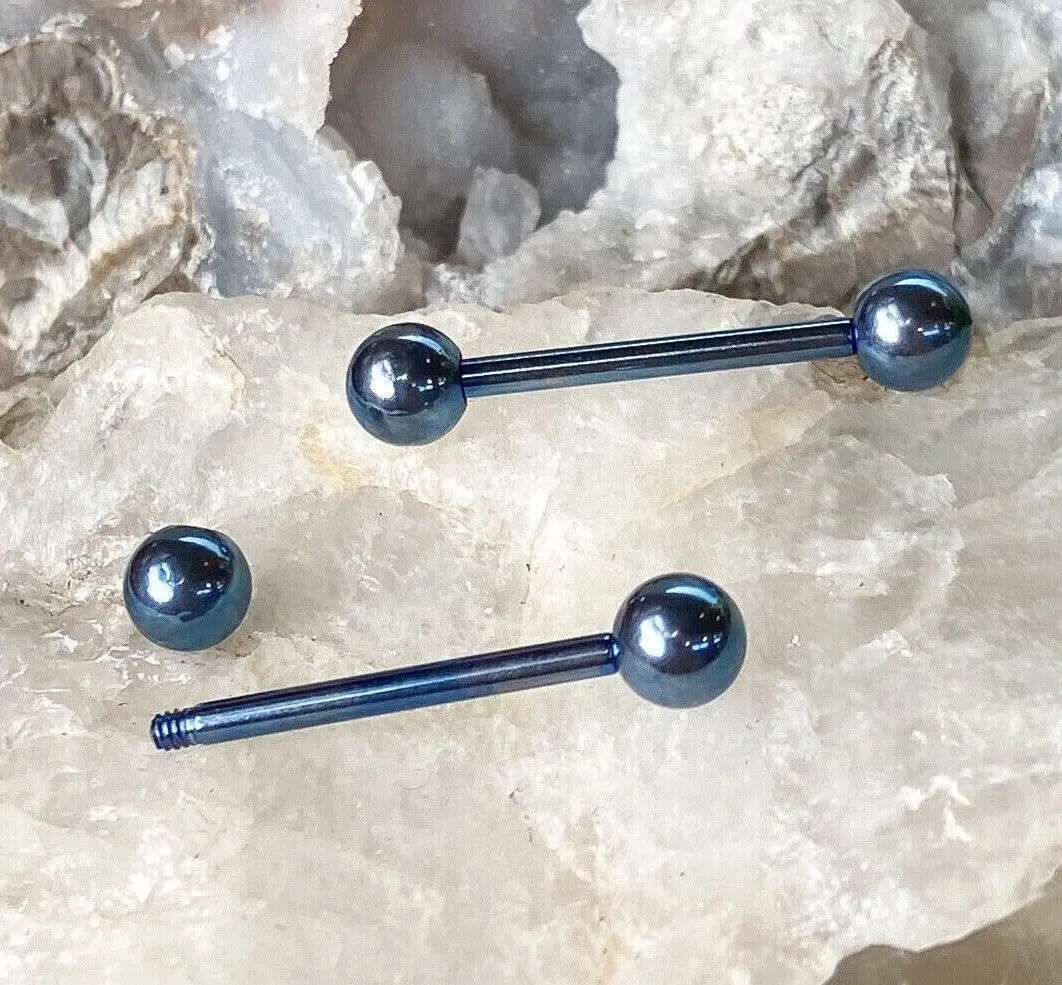 PAIR Blue Titanium Nipple Barbells Tongue Rings 14g - choose your length