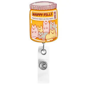 Happy Pills Cats Retractable ID Badge Reel - Funny Nurse or Pharmacy Tech Carabiner Clip - Personalized Gift for Pharmacy Techs & Nurses