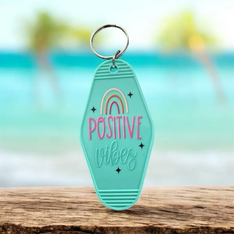 POSITIVE vibes only Retro Motel Keychain in Acrylic Pink Block Letters Teal Cursive Rainbow Design for Keys Beach Bag or Me