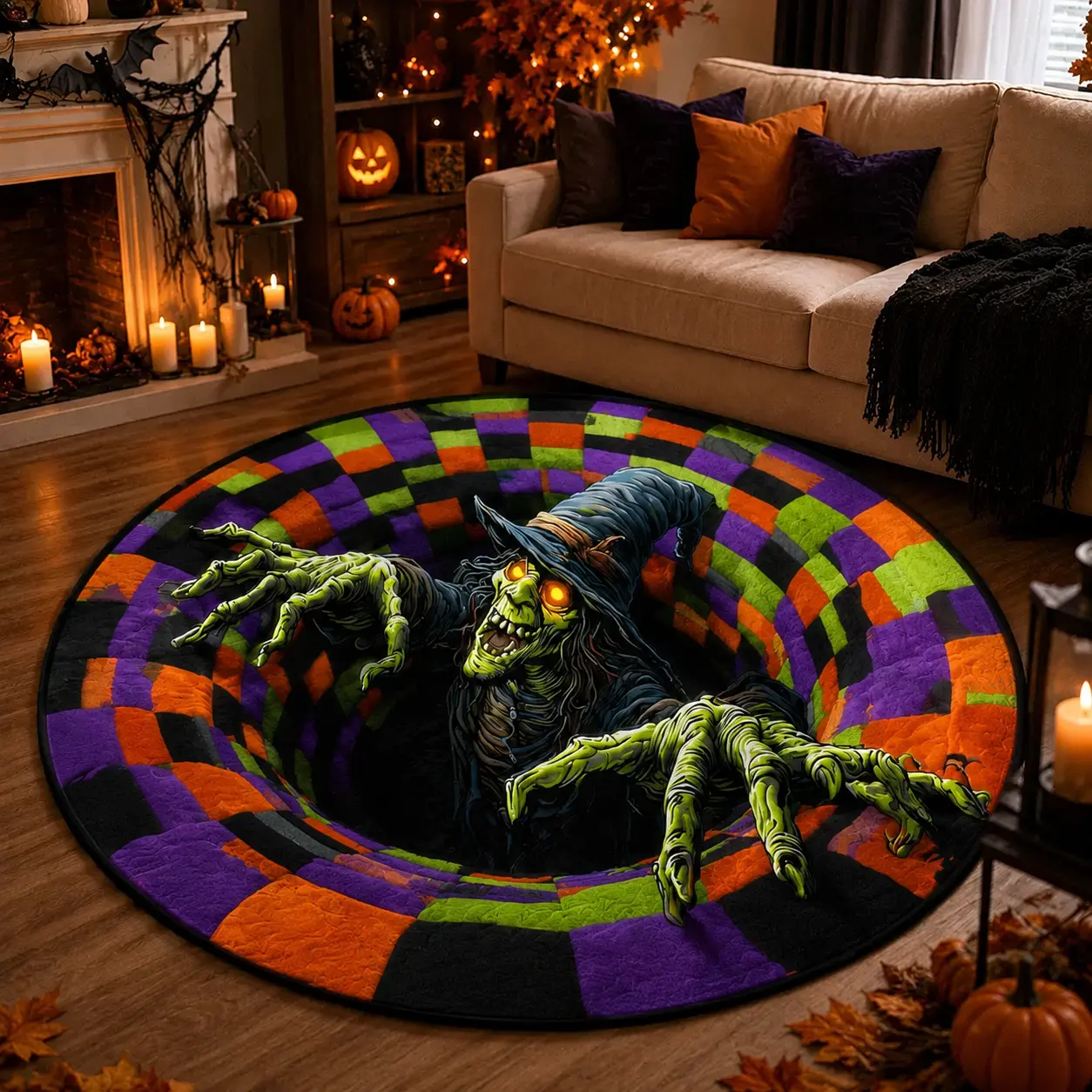 3D Witch Halloween Round Rug, Spooky Haunted House Floor Mat, Creepy Decor, Velvet Carpet, Gift For Family