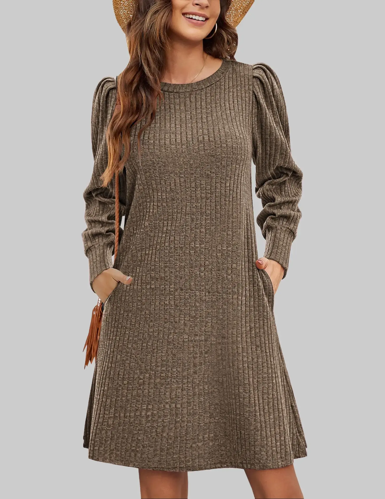 Women's Fall-Winter Knitted Pullover Dress, Long Sleeve, Crew Neck, Loose Fit Casual Dress
