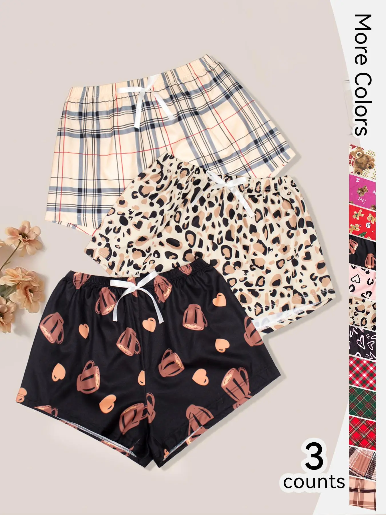 Women's 3pcs Lepord/Plaid/Heart Print Elastic Waist Wide Leg Sleep Shorts, Casual Comfortable Ladies Lounge Bottoms for Indoor Home Sleepwear, Womensw