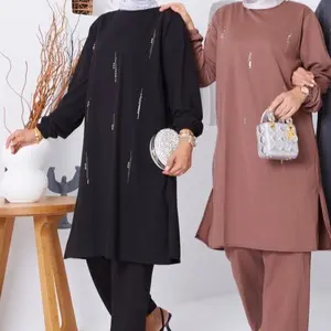 Winter Two Piece Tunic Set in Black & Brown with Sequin Details and Matching Bottoms for Cozy Style