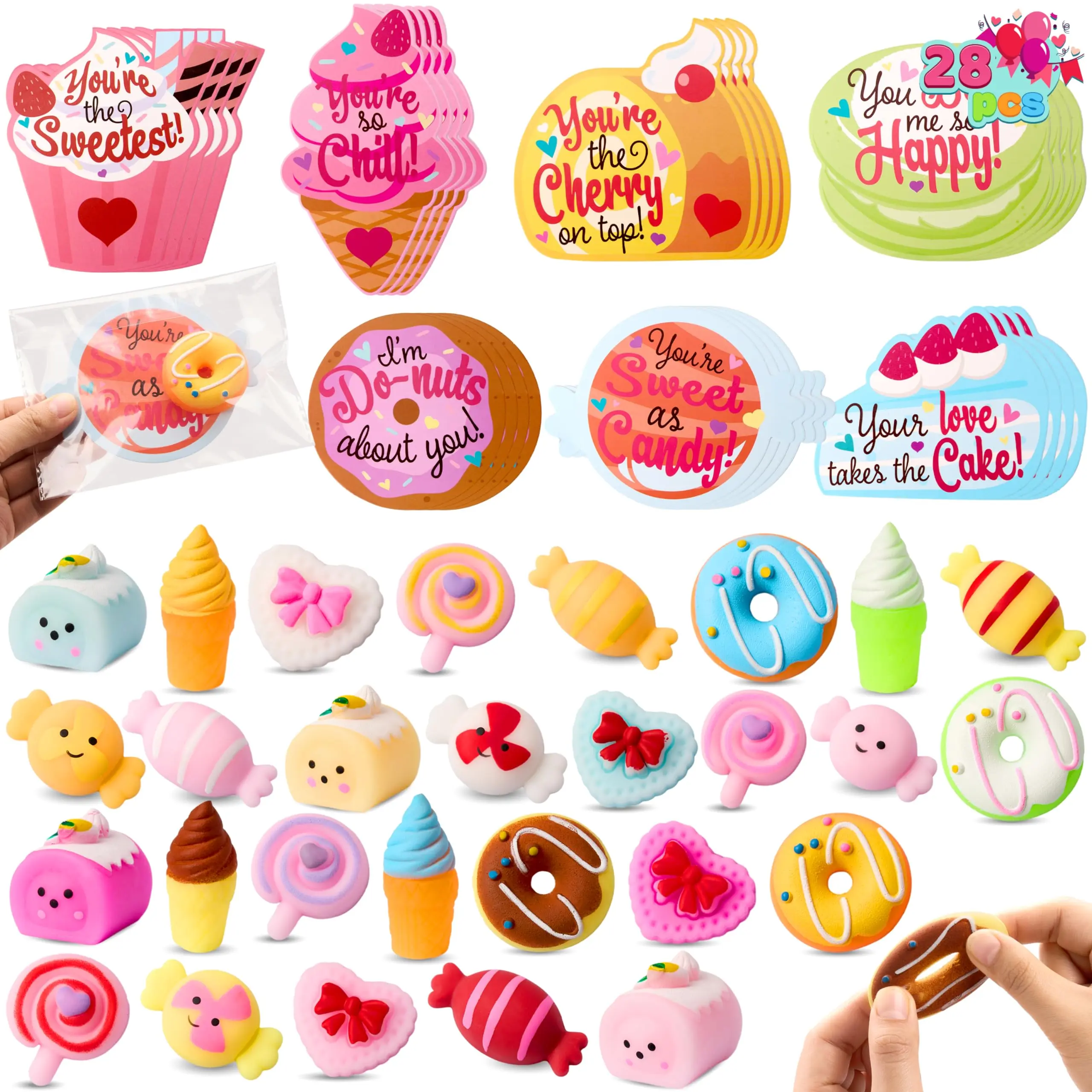 JOYIN 28 Packs Gift Cards with Candy Mochi Squishy Toys, Stress Relief Fidget, Cute Squeeze Toys for Kids Party Favors, Classroom Gift Exchange and School Reward &28Pcs Glow Mochi
