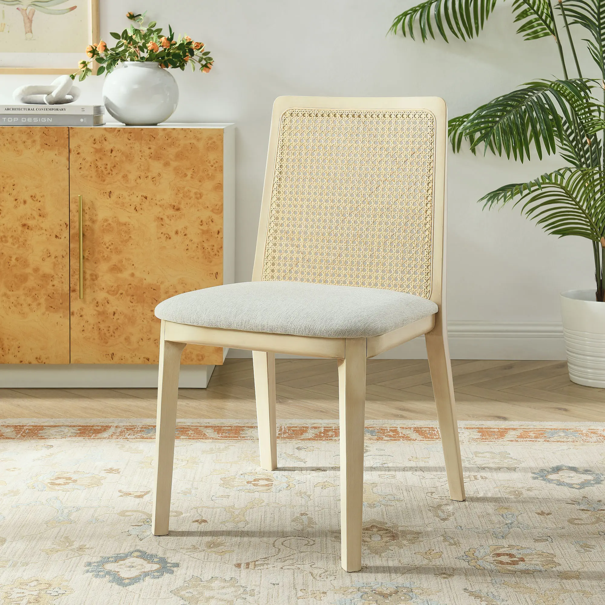 Monarch Wood and Rattan Dining Side Chair in Antique White Natural Heathered Weave Ivory