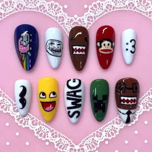 Funny Cartoon Meme Press on Nail, Trendy Meme Faces Cartoon Colorful False Nail
