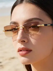 Women's Luxury Gold Rimless Square Sunglasses, Fashion Design Shades, Sleek Eyewear for Beach, Summer & Romantic Gift