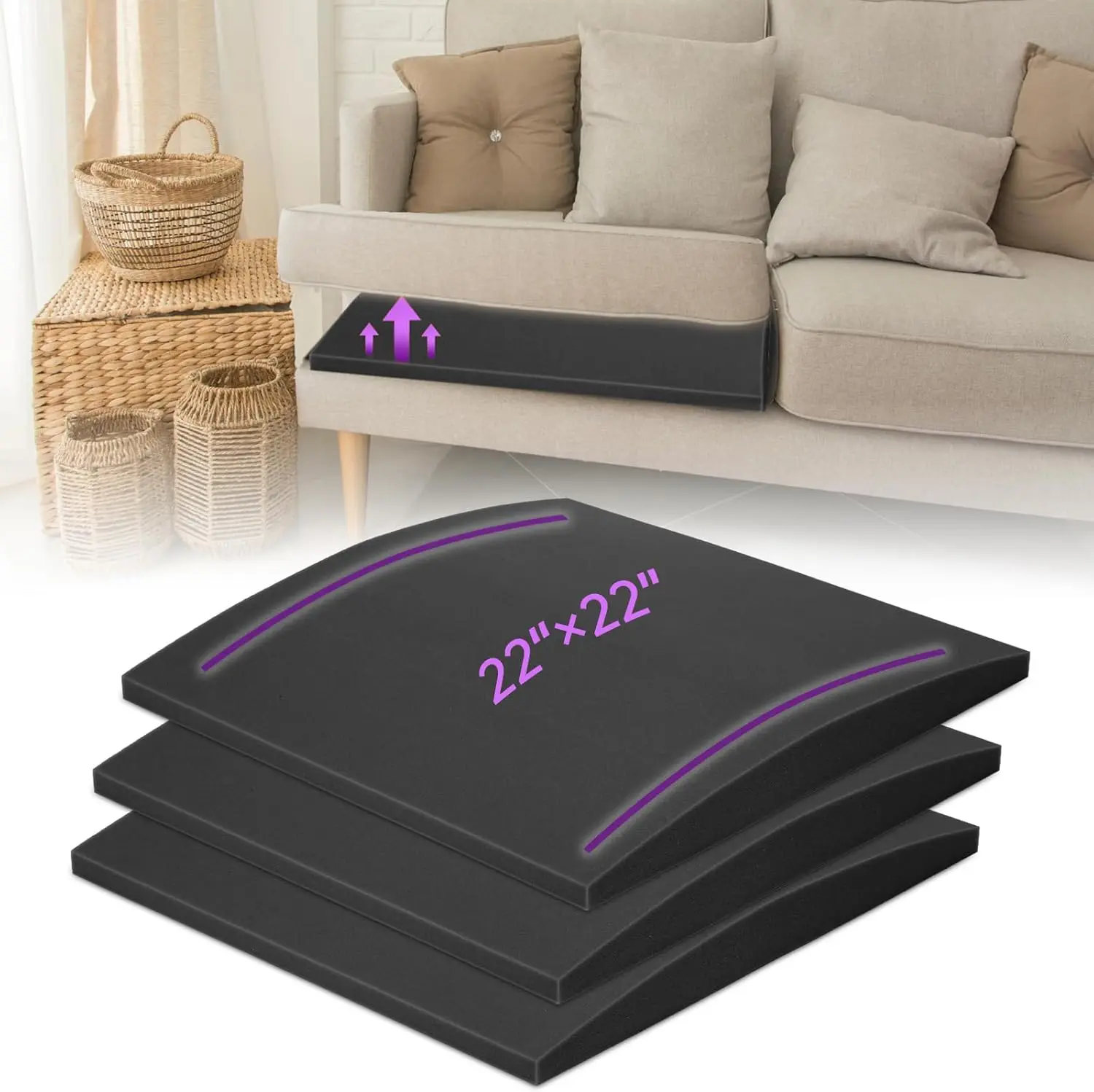 Couch Cushion Support for Sagging Seat – 22"x22" Curved High Density Foam Replacement Pad, Firm Cushion Booster for Couch, Loveseat or Armchair, Easy No-Tool Fix for Sunken Furniture,Black Set of 3