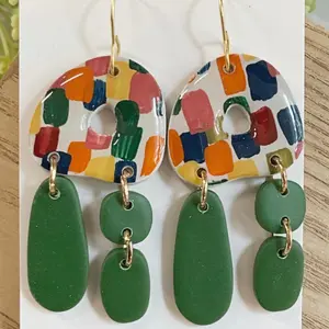 Hand painted polymer clay earring with green clay dangles