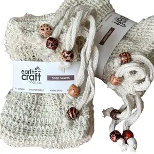 Earthraft Natural Sisal Soap Sack Set of 5 - Drawstring Design with Natural Sisal Fabric and Beads