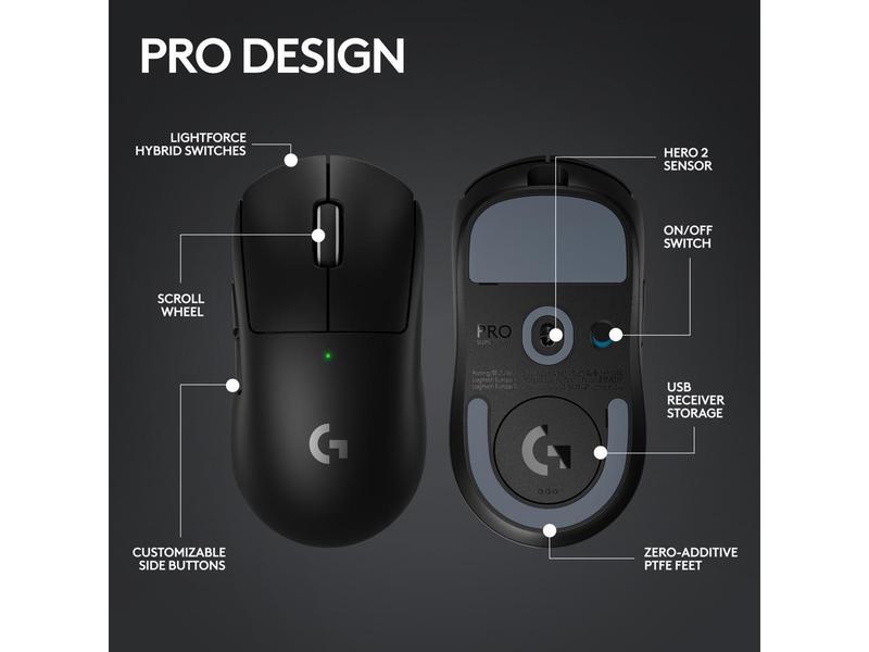 Logitech G PRO X SUPERLIGHT 2 Lightspeed Wireless Gaming Mouse, Lightweight, LIGHTFORCE Hybrid Switches, Hero 2 Sensor, 44,000 DPI, 5 Programmable Buttons, USB-C Charging, PC & Mac