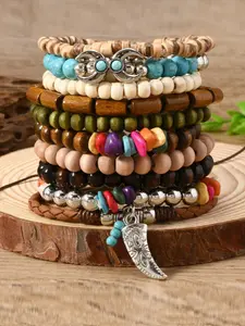 10 Pieces/Multilayer Eco-Friendly Coconut Shell Wooden Bracelet Stackable Bohemian Wooden Bead Wristband Fashion Ethnic Style Set (Unisex)